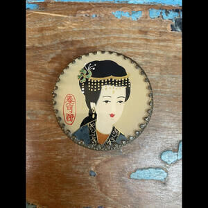 Vintage Round Silver Hand Painted Woman’s Face Chinese Trinket Jewelry Box